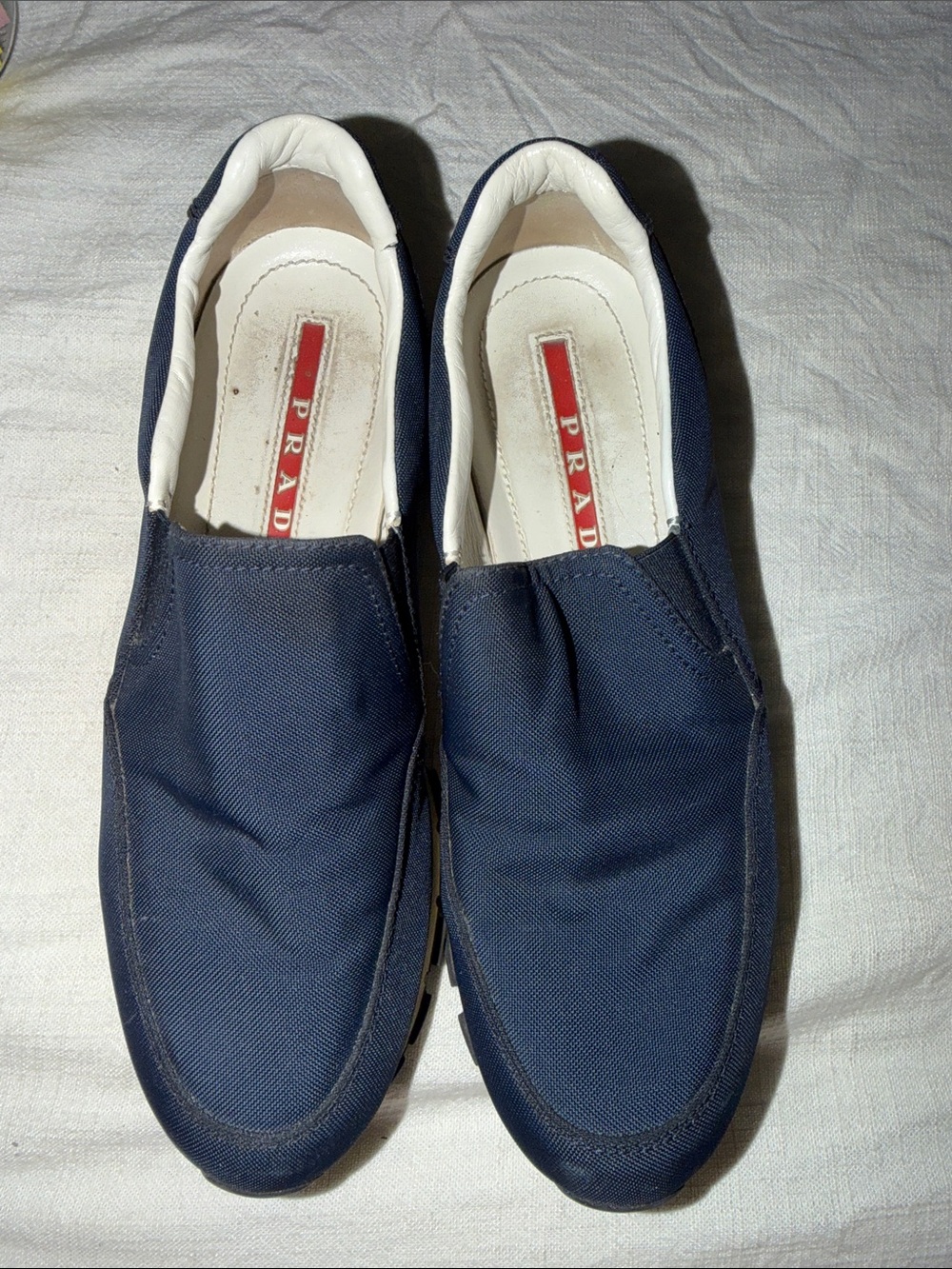 Prada Navy Canvas Slip-On Loafers with White Lining
